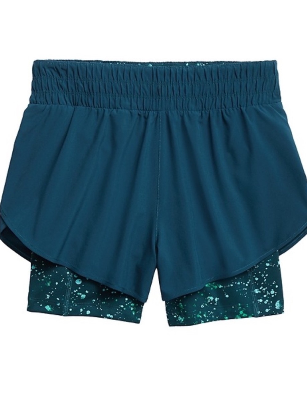 ATHLETA Hiit 2-in-1 Shorts in Turquoise Splatter Print Stash Pockets Sz. Small